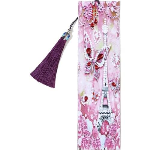 Pink Iron Tower Crystal Rhinestone Bookmark Kits Leather Tassel Special Shaped Diamond Painting Bookmark