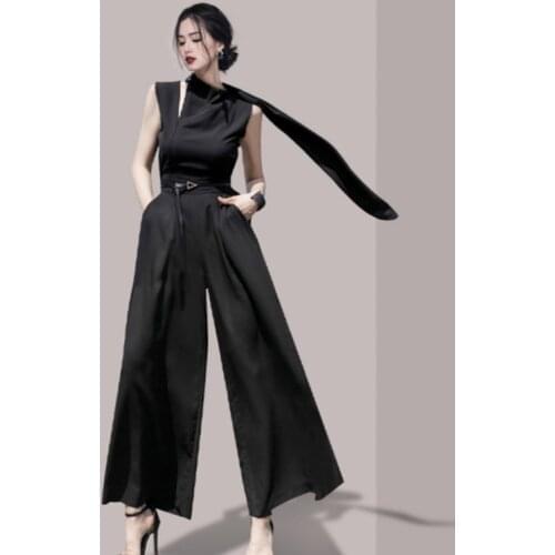 New 2021 Elegant Ladies Office OL Jumpsuits Black Sleeveless High Waist Casual Slim Wide Leg Romper Overalls with Belt