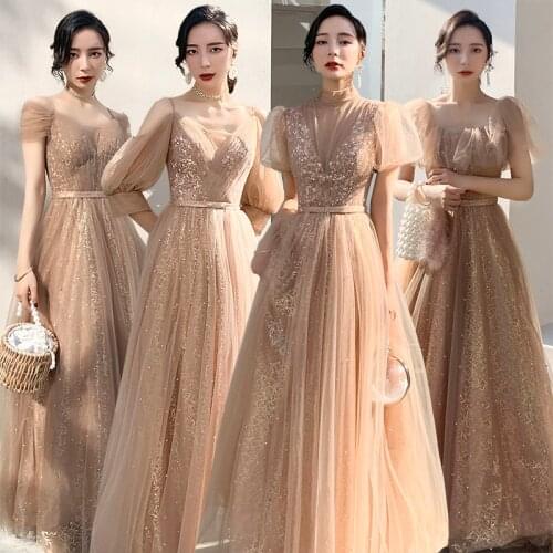 Bridesmaids Dress Illusion Sequined Beading A-Line V-Neck Tulle Lace Floor-Length Spaghetti Straps Women Wedding Party Gown E358