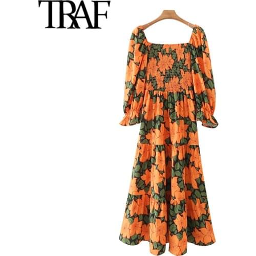 TRAF Women Fashion Floral Print Smocked Elastic Midi Dress Vintage Square Collar Long Sleeve Female Dresses Vestidos