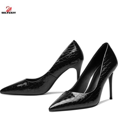 SKLFGXZY 2021 New Style European Brand Women Shoes Leather High Heels Fashion Stone Texture Party Shoes Pumps Ladies Dress Shoes