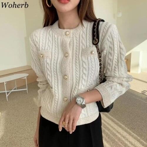 Woherb Autumn Elegant Twist Cardigan Korean Office Lady Sweet Chic Women Sweater Coat All Match Slim Cardigans Pull Jumper 2021