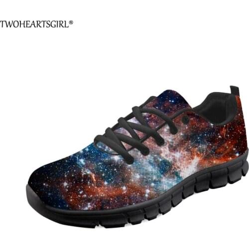Twoheartsgirl Trendy Fashion Women Flats Multicolor Space Galaxy Star Sneakers Lightweight Lace-up Ladies Flat Walking Shoes