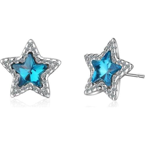 KOFSAC 2019 Female Crystal Jewelry 925 Sterling Silver Earrings For Women Valentines Day Charming Blue Star Stud Earring Bijoux