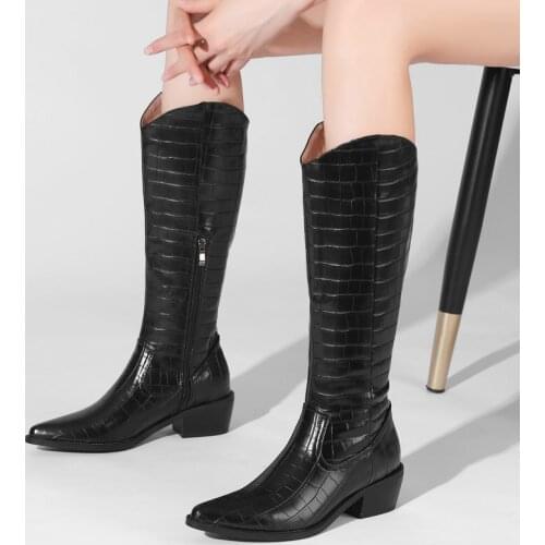 High Quality Winter Womens Knee High Boots Fashion EmbossedPU Pointed Toe Square Root Western Boots Black and White Women Shoes