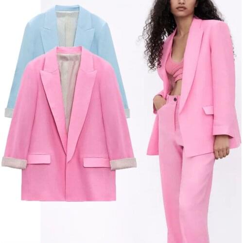 Pink Long Sleeve Za Woman Blazer 2021 Elegant Pronounced Shoulders Office Lady Blazers Coat Female Chic Flap Pockets Outerwear