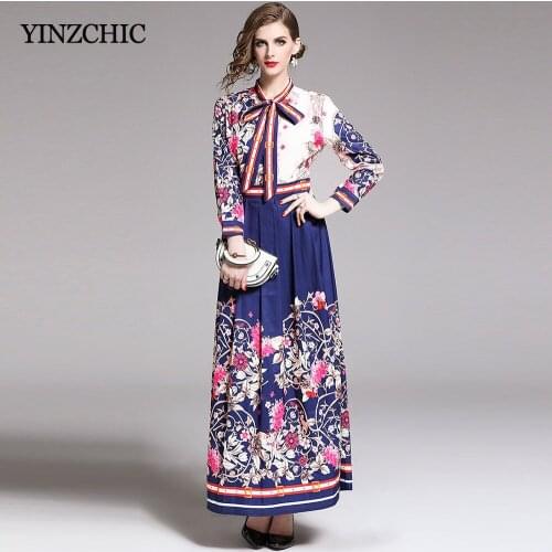 Slim Woman Print Maxi Dress Bow-neck Ladies Elegant Party Dress Full Sleeve A-line Long Dress for Woman Long Spring Dress