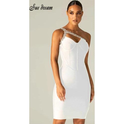 2021 New Sexy Womens Mini Irregular One Shoulder Collar Rhinestone Decorated Shoulder Strap Bodycon Bandage Dress Vestidos