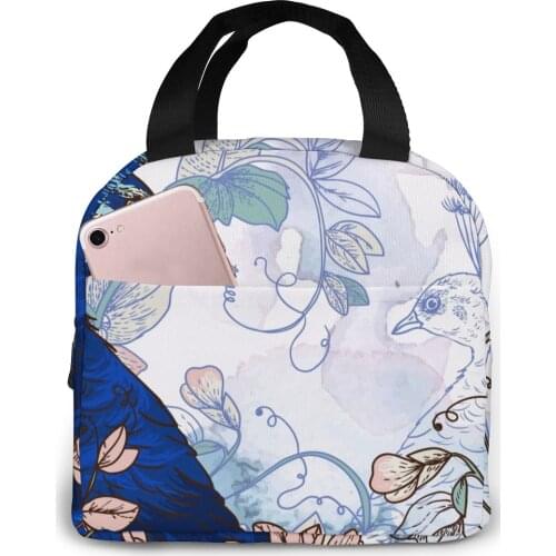 Floral Background With Peacock Lunch Bag Portable Insulated Thermal Cooler Bento Lunch Box Tote Picnic Storage Bag Pouch