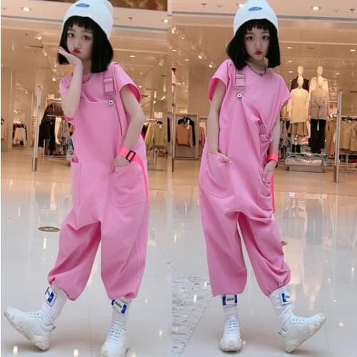 Girls t-shirt + jumpsuits 2pcs sets summer new kids tracksuit kids loose pink overalls children sets teenage outfit 4-16Y WZ136