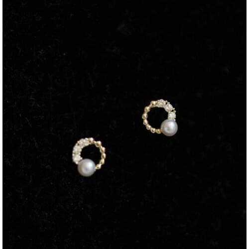 9K solid gold unique single studded pearl earring Dainty minimalist crystal simple minimal style Kids Cute Girls