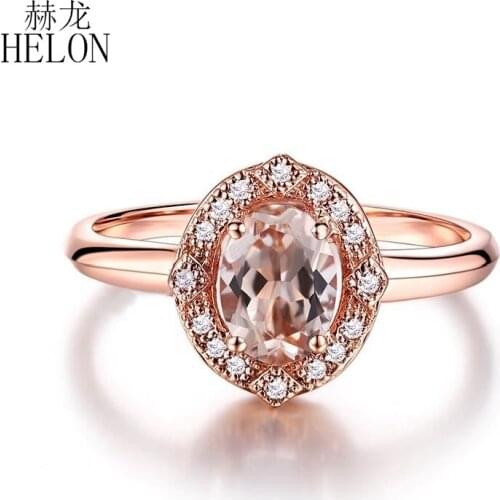 HELON Solid 18K Rose Gold Oval Cut 5x7mm Natural Morganite Diamonds Engagement Wedding Ttendy Fine Jewelry Women Diamond Ring