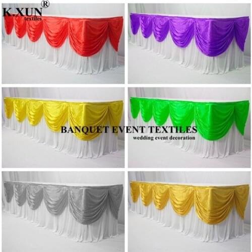 Good Quality Valance Table Skirt Colorful Table Skirting With Swag Pleated Ruched Table Skirt for Wedding DecorATION