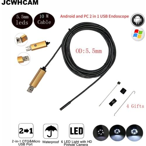 JCWHCAM 5.5mm Android Endoscope USB Cable Focus Camera 10M Waterproof Full LED HD Inspection Mini Camera Borescope for Phone PC