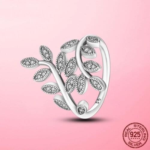 Real 925 Sterling Silver Finger Tree Leaf Ring Jewelry Ring Clear CZ Zircon for Wedding Engagement Gift Fashion 925 Sliver Ring