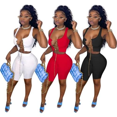 Sexy Chain Criss-Cross Two Piece Set Tank Crop Top And High Waist Knee Length Pants Outdoor Streetwear Fitness Sporty Tracksuit