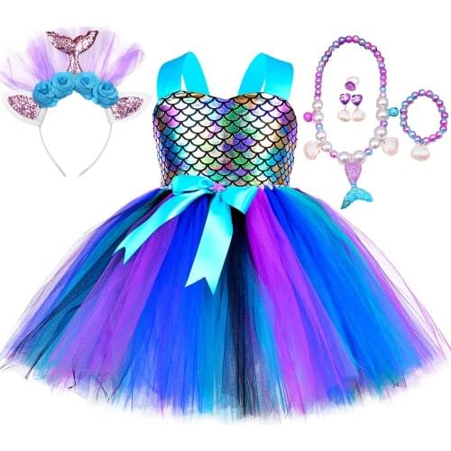 Girls Princess Mermaid Costume Set Fish Scale Pattern Girl Party Tulle Dress Baby Kids Halloween Cosplay Mermaid Dress Up Outfit