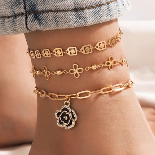 Sweet Fashion Gold Crystal Flower Anklets for Women Cute Beach Leg Chain Anklet Set Foot Jewelry Accessories
