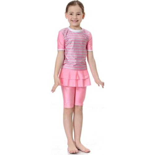 Two Piece Short Sleeve Muslim Swimwear Girls Conservative Swimsuit Skirt Burquini Musulman Kids Burkini Swimming Suit New