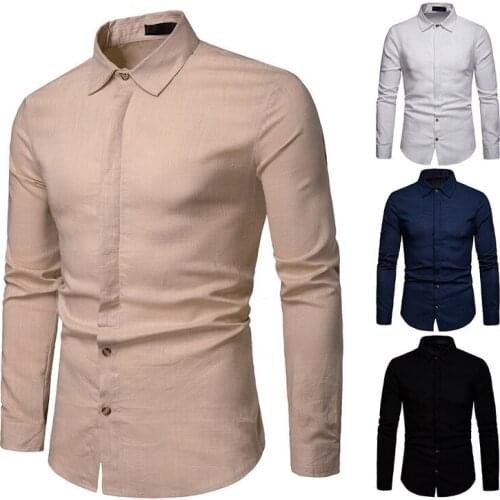 Mens Linen Shirt Long Sleeve Turn Down Collar Solid Color Cardigan Shirt Smart Casual Single-Breasted Slim Type Tops