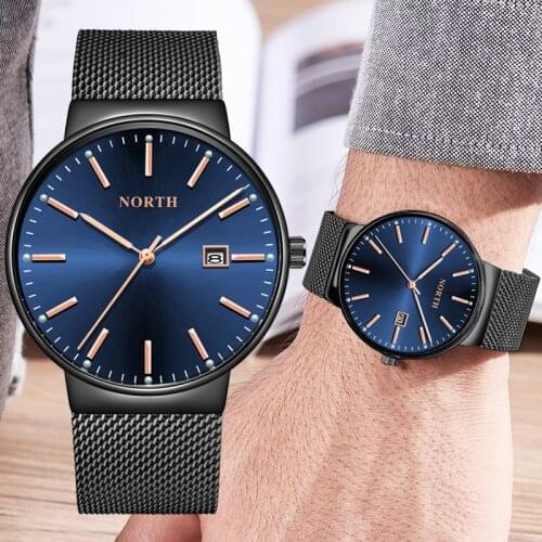 NORTH Fashion Mens Watches Top Brand Luxury Quartz Watch Men Casual Slim Mesh Steel Waterproof Sport Watch Man Business Clock
