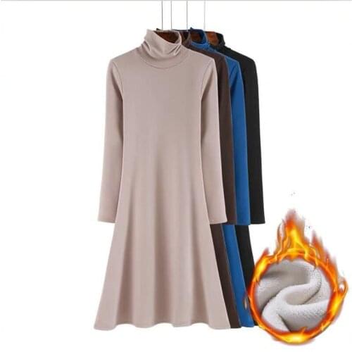 New Fashion Autumn&winter Korean Style Solid Basics Dress Plus Size Vestidos M-7XL Women Thicken Cotton Warm Turtleneck Clothing