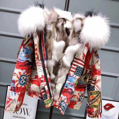 Off-season coats woman winter 2020 New Thicken Warm abstract print jacket real fox fur inner large fur collar parkas for women