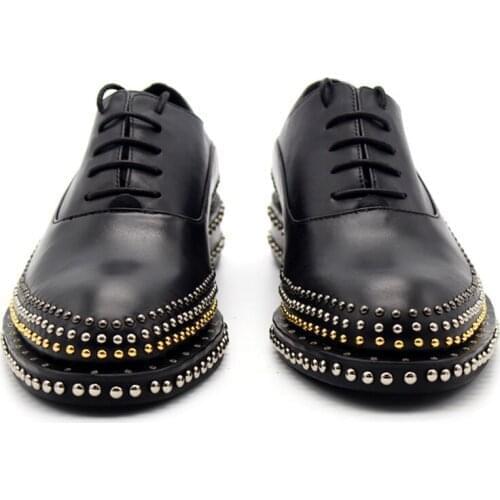 Top Quality Oxford Shoes Men Hand Made Rivet Thick Platform Leather Shoes Solid Black Low Top Men Wedding Dress Shoes Plus Size