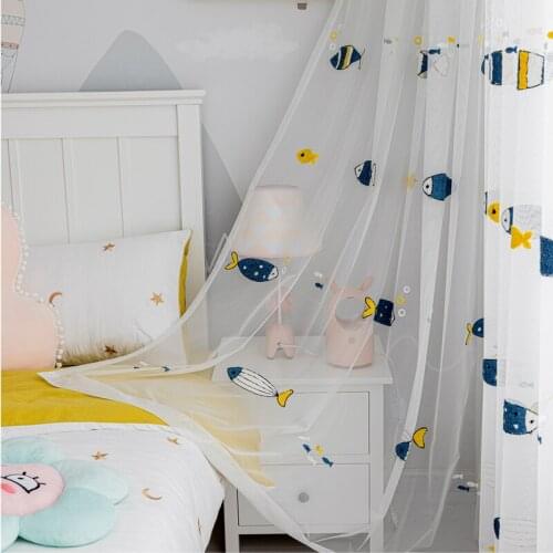 Cartoon Embroidered Fish Printed White Curtains For Children Boys Bedroom Balcony Bay Window Sheer Curtains Drapes