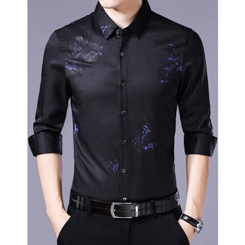 Spring Real Silk Korean Black Long Sleeve Shirt Men Clothes 2020 Mens Shirts Casual Slim Fit Camisa Hombre KJ1964