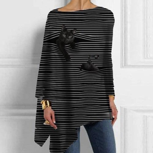 Striped Cat Print Fashion Women Casual Long Sleeved T-shirt Retro Black White Striped O Neck Pullover Tops Women Street Tshirt