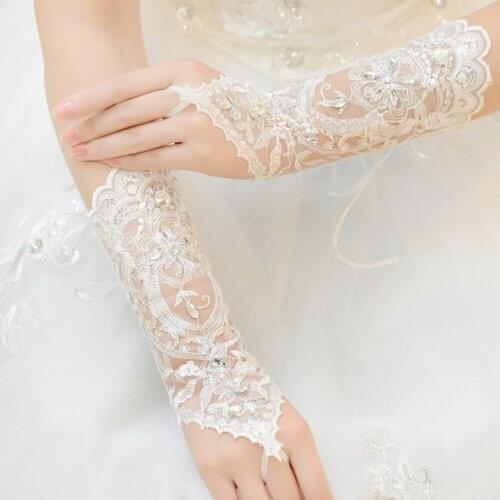 Lady Bride Wedding Dress Lace Hollow Out Bridal Gloves Bead Fingerless Glove перчатки