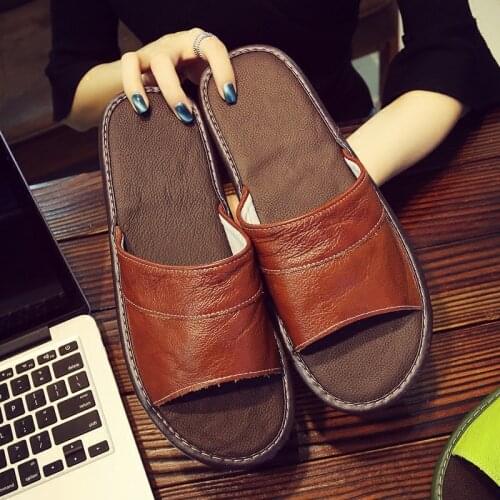 Couples Summer Home Slippers Anti-Slip Genuine Leather Womens Indoor Slippers Men Casual Comfortable Home Shoes