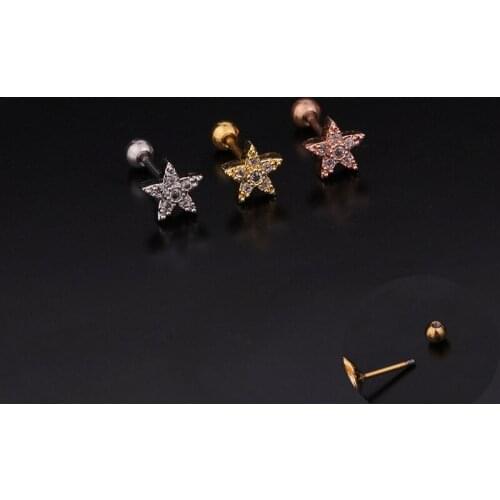 1 PCS Simple Small Micro Pave CZ Gold Color Star Stud Earring Ear Piercing Cartilage Stainless Steel Helix Bar Ball Ear Jewelry