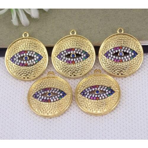 5pcs Gold Metal Copper Micro Pave CZ Round Shape Evil Eye Pendant Beads For Necklace Jewelry Making