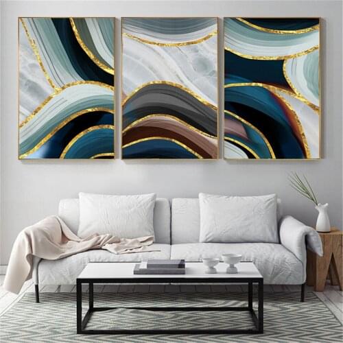 Golden and Blue Art Marble Abstract Painting Canvas Poster and Print Modern Decoration Wall Art Room Picutre Modern Home Decor
