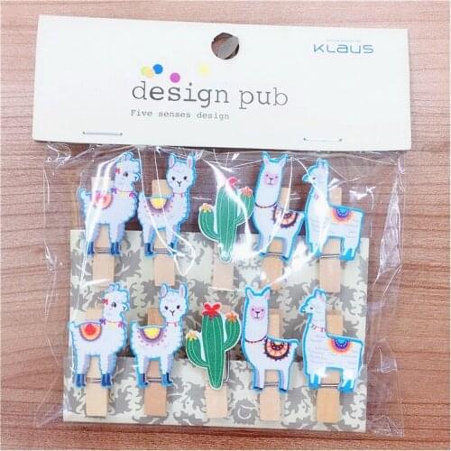 10 Pcs/Set Cartoon Alpaca Cactus Wooden Clip Mini Photo Clips Party Decoration Clip with Hemp Rope