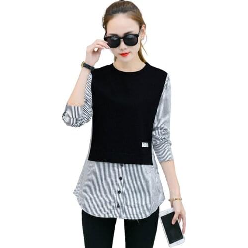 Long-Sleeved t-Shirt Womens 2019 Spring Autumn New Casual Fashion Fake Two-Piece Shirt Clothes Slim Bottoming Shirt Tops Q73