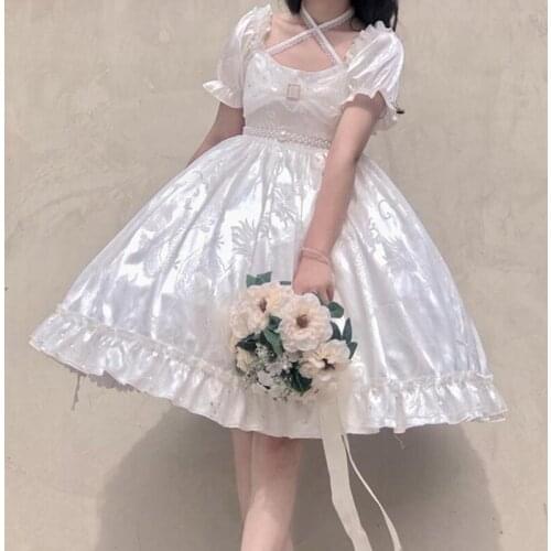 Gothic Lolita Dress Summer Star Print Vintage Victorian White Dress Bow Princess Tea Party Gown Girls Chic Print Lolita Dresses