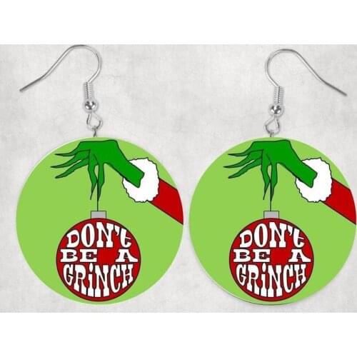 2020 Cross-border Jewelry European and American Christmas Grinch Round Earrings 4 Cm Wood Double-sided Pattern Earrings