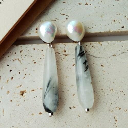 Lii Ji 925 Sterling Silver Big Real Pearl Stud Long Hair Quartz Rutiled Drop Earring High Luster Baroque Pearl Women Jewelry