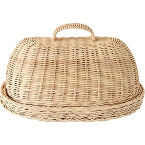 Rattan Storage Tray with Cover,Hand-Woven Wicker Baskets,Bread Fruit Food Breakfast Display Box,for Food, Fruit,Cake,Etc