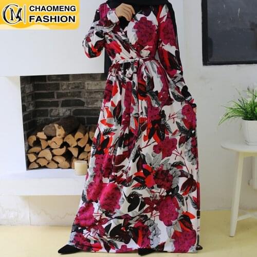 New Fashion Print Maxi Dress V-Neck Floor Length Dress Islamic Clothing Dubai Muslim Women Party Evening Abaya Dresses For Women