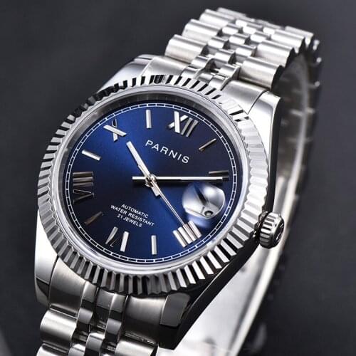 New Arrival Parnis Blue Dial Mens Watches Calendar Miyota 8215 Movement 21 Jewels Automatic Mechanical Men Wristwatch