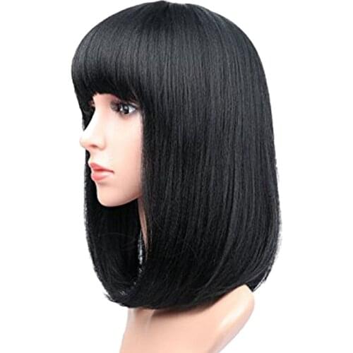 Medium Human Hair Wig, Natural Black Bob Full Hair Wig Silky Neat Bangs 38cm, Women Daily Party Cospaly Heat Resistant Wig
