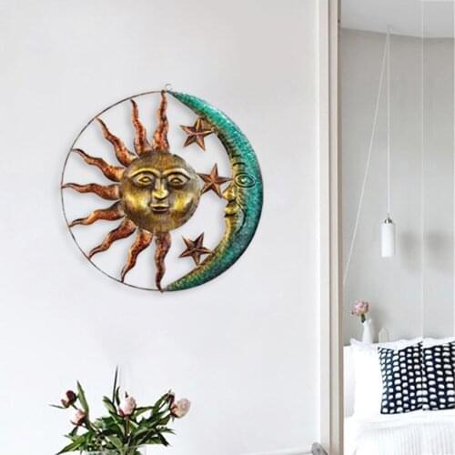 Wrought Iron Moon Sun Pendant Metal Wall Ornament Home Living Room Background Decor Interior Exterior Adornment