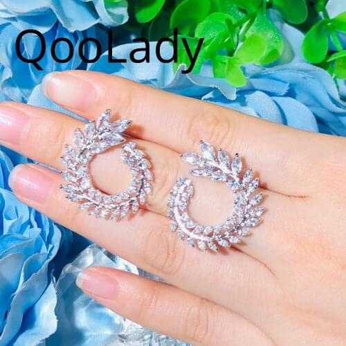 QooLady Trendy Brilliant CZ Crystal Big Olive Branch Leaf Shape Stud Earrings for Women Famous Brand Silver Color Jewelry E259