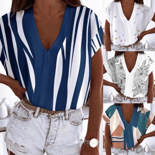 2021 Summer Women Lady V-neck Short Sleeve Shirt Loose Print Fashion Casual Top Women Clothes