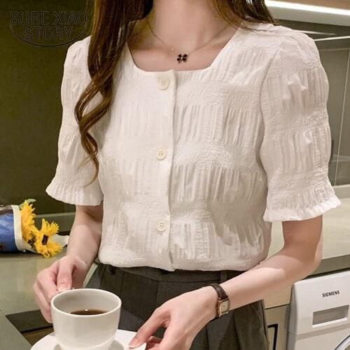 Wild Square Collar Slim Short-Height Short Sleeve Bubble Chiffon Blouse Womens Shirts Summer New 2021 Korean Style 9365
