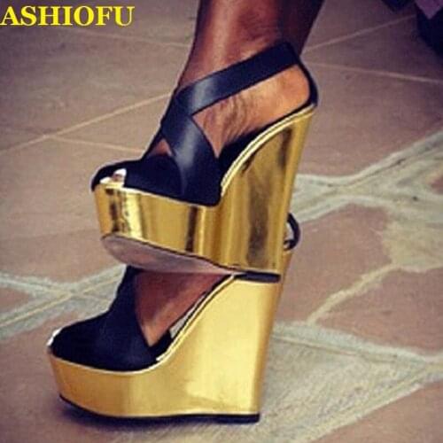ASHIOFU Handmade Women Wadge Heel Sandals X-straps Club Party Summer Shoes Classic Large Size Fashion Evening Sandals Shoes